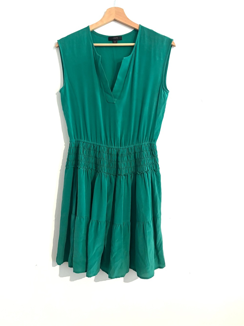 J. Crew Sz S Emerald Green Classic Sleeveless‎ V-Neck Smocked-Waist Mini Dress